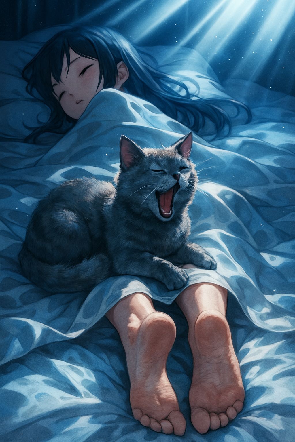 Moonlit Nap: Anime Style Macro of Sleeping Woman and Cat