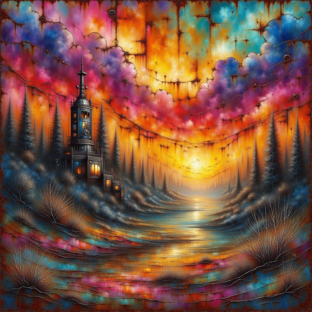 Epic Steampunk Sunset with Magical Metallic Hues