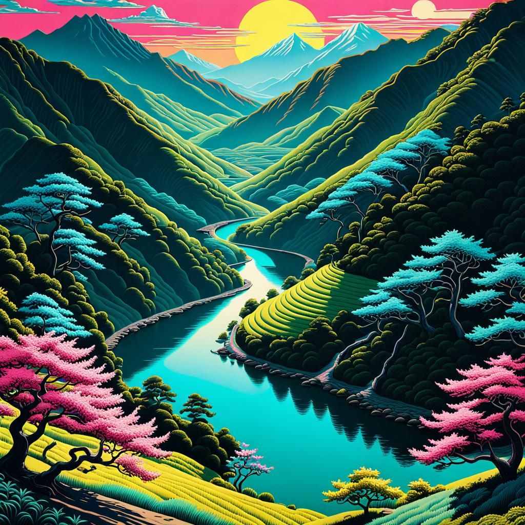 Psychedelic Valley in Woodcut Art Style