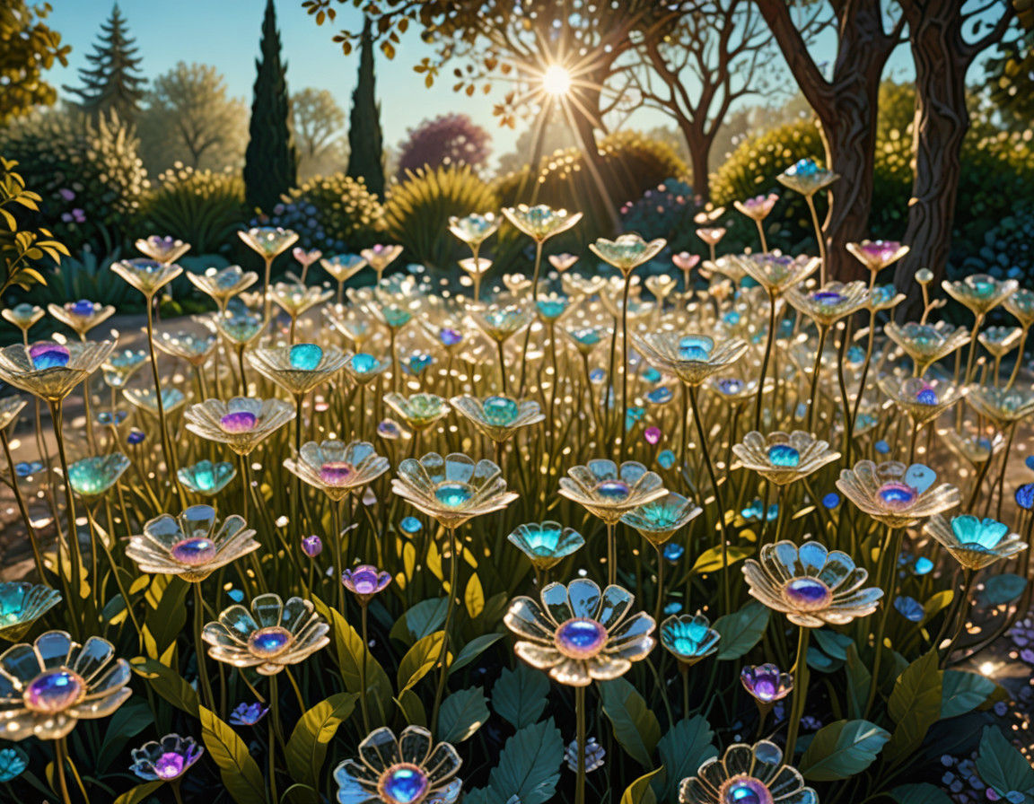 Surreal Garden of Glass Blooms in Vibrant Iridescence