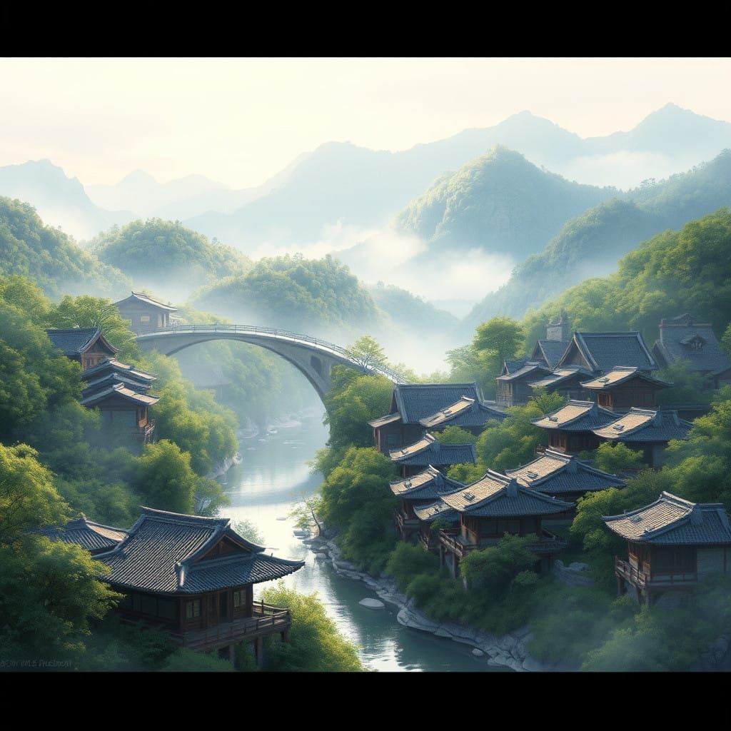 Serene Korean Village in Watercolor Dreamscape