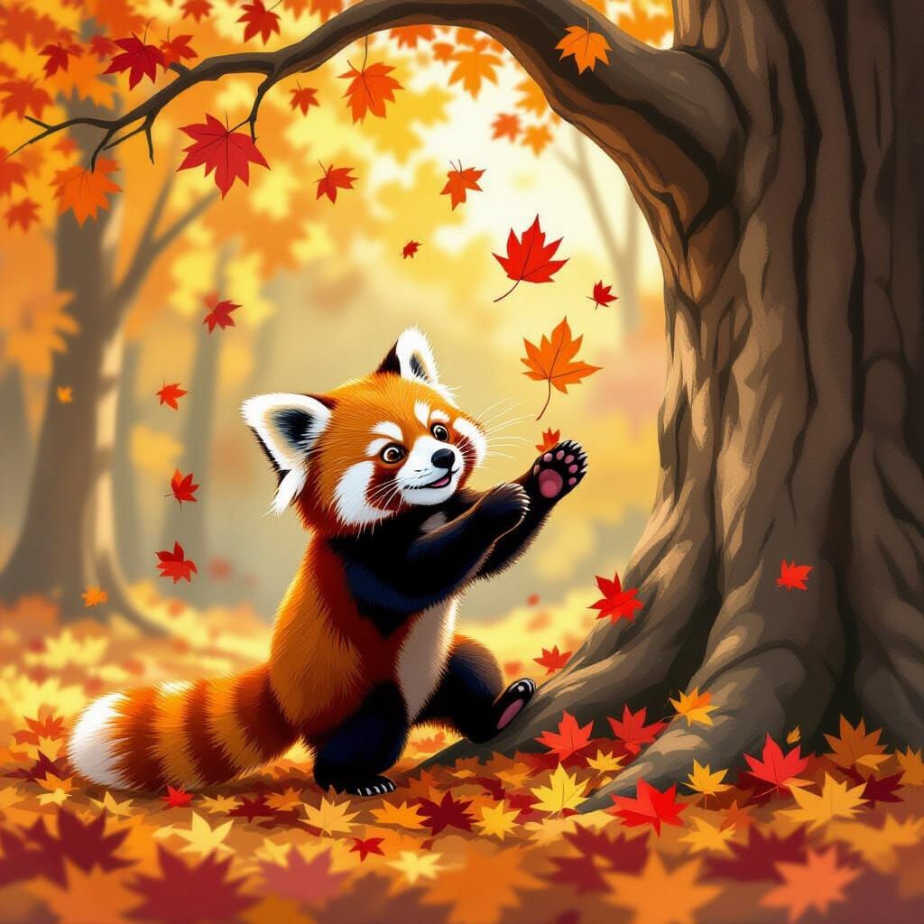 Red Panda Plays in Autumn Forest, Storybook Style