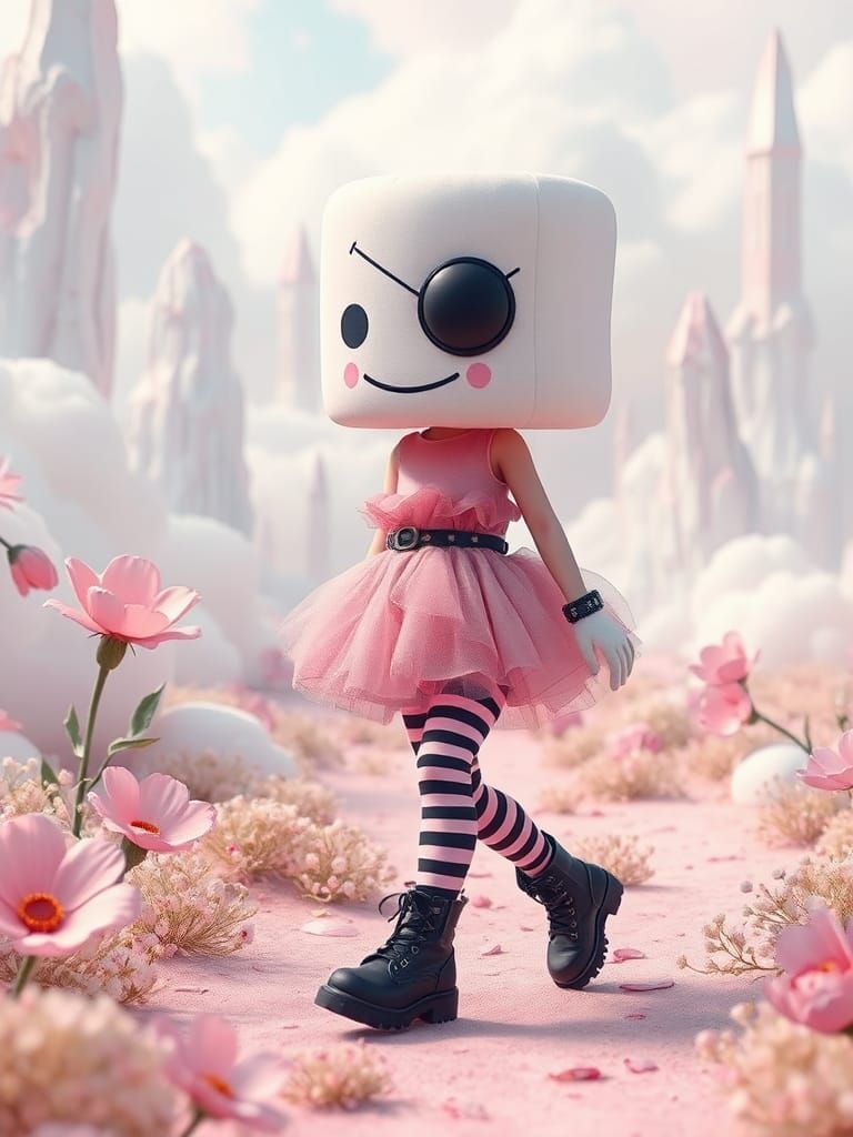 Marshmallow Girl with Eyepatch in Pastel Dreamscape