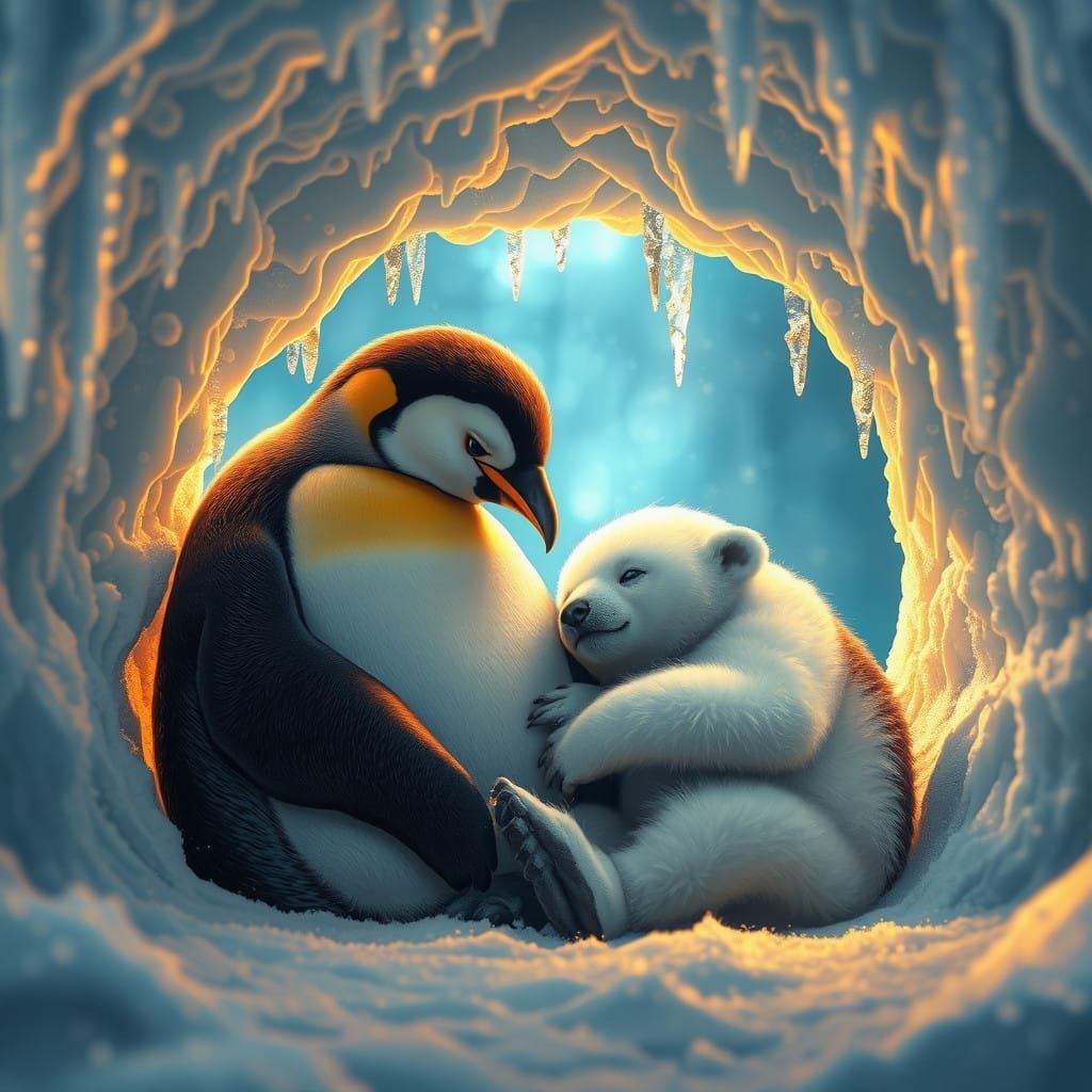 Penguin and Baby Polar Bear Cozy Winter Scene in a Majestic...