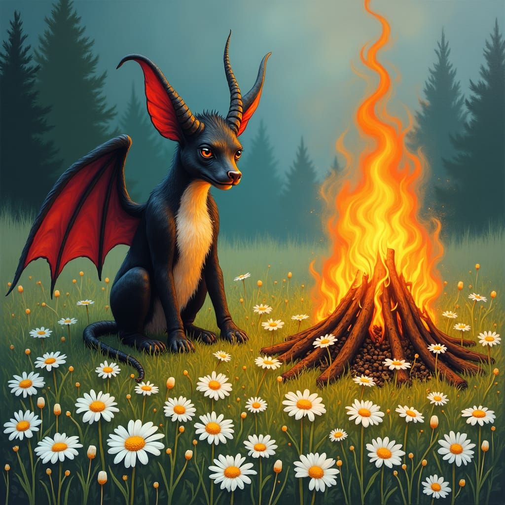 Lucifer in Daisy Meadow, Gouache Folk Art