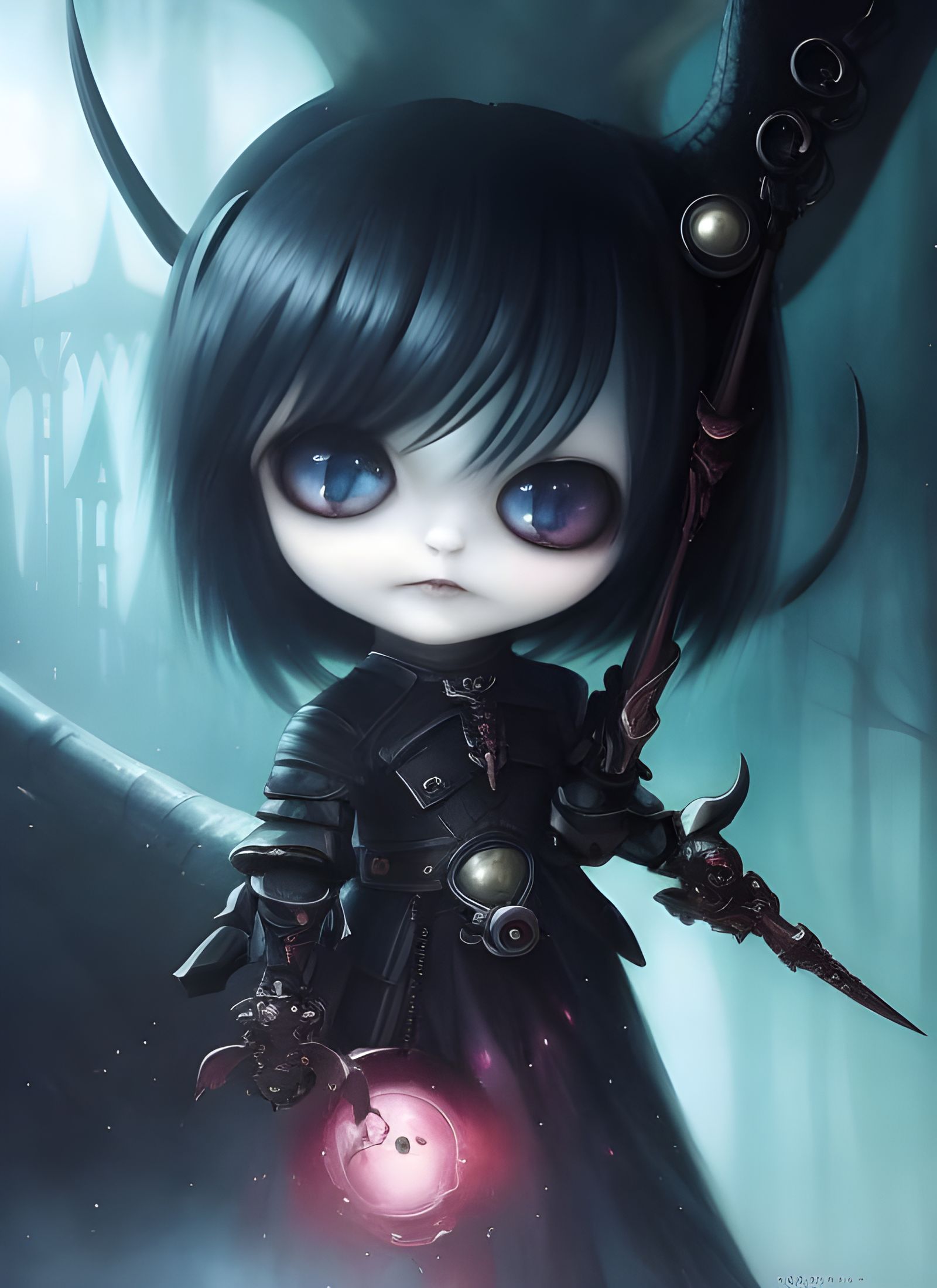 Cute Chibi Biomechanical Predator in Watercolor Style