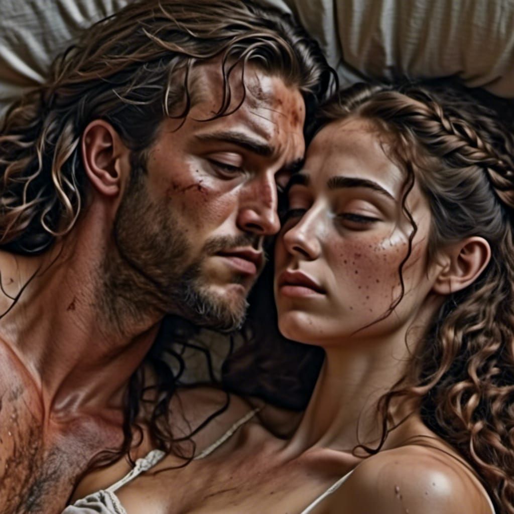 Hyperrealistic Ariadne and Dionysus Embrace in Bed