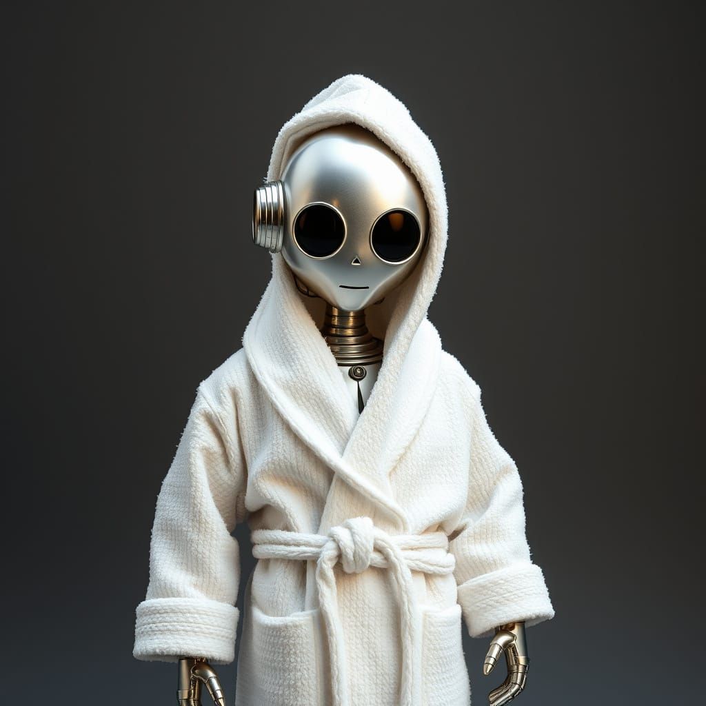 Cybernetic Robot Wears Cozy White Bathrobe