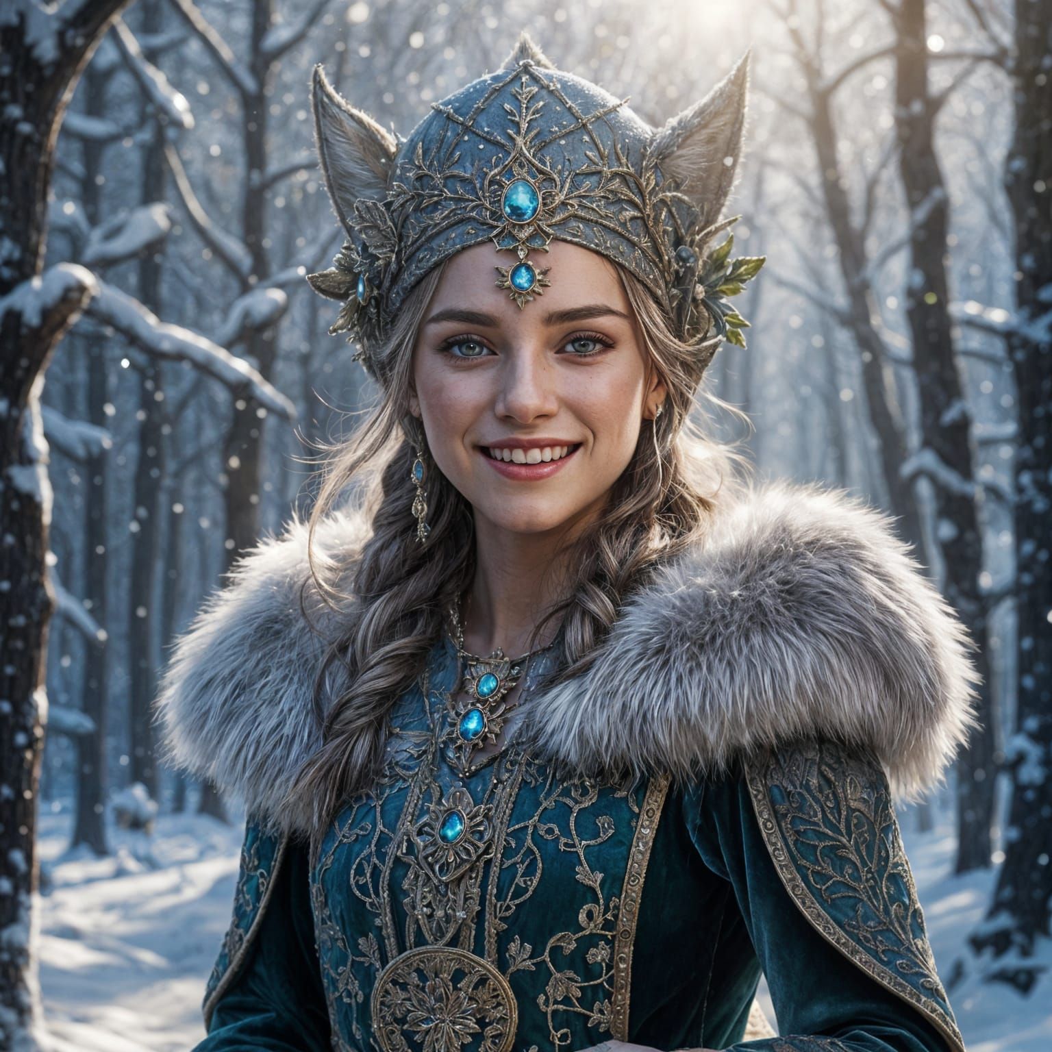 Hyperrealistic Elf Queen in Snowy Winter Wonderland