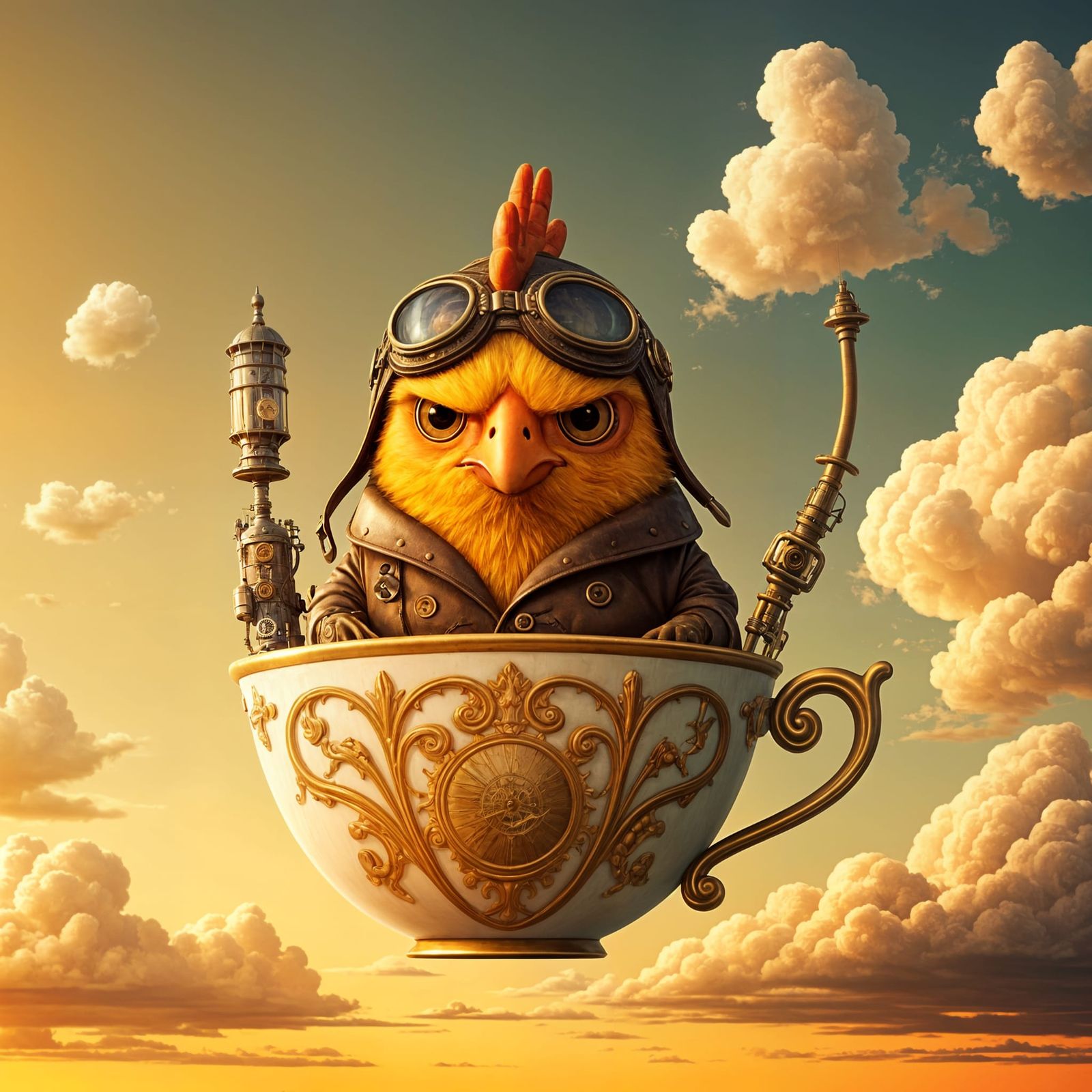 Steampunk Chick Pilot in Teacup Airship