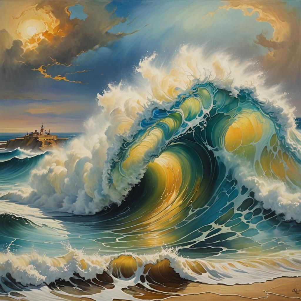 Majestic Wave Crashing: Surreal Oil Painting
