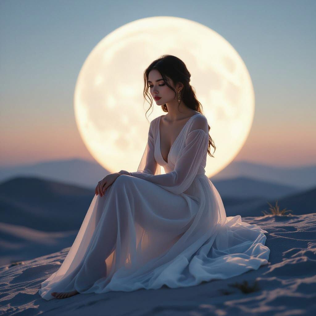 Woman in White Dress on Moon Edge at Twilight