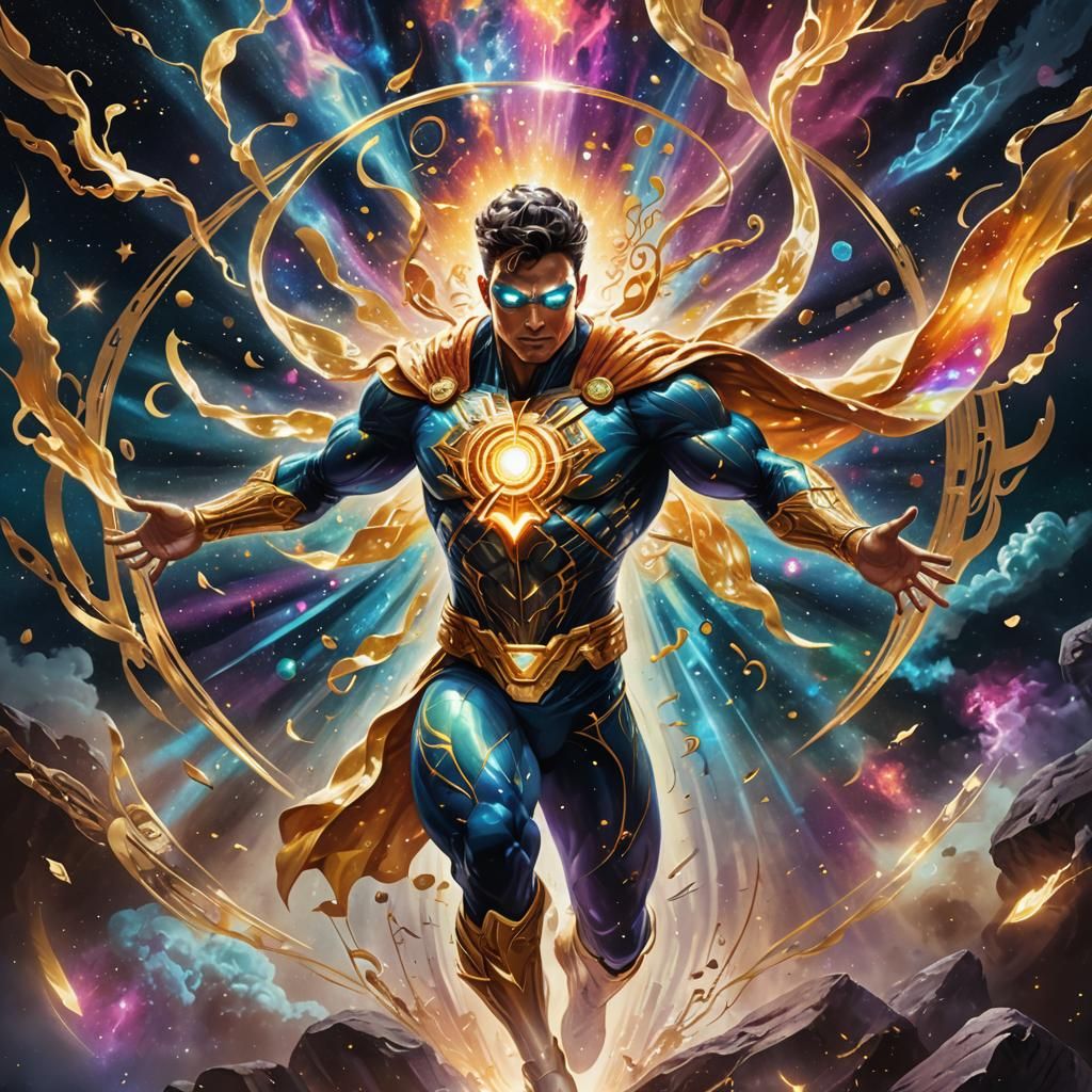 Astral Superhero in Cosmic Flight, Holographic Illustration