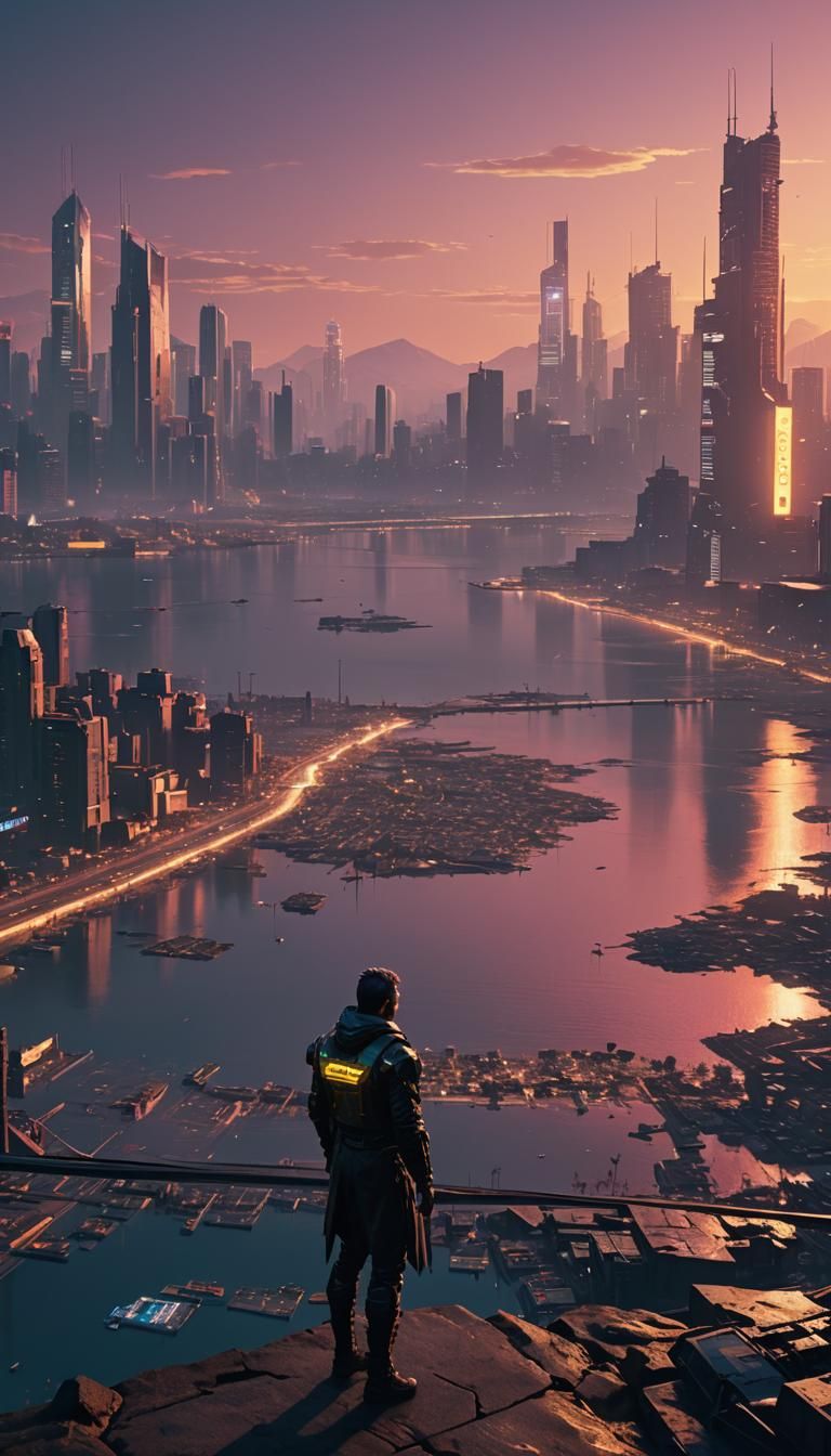 Neon City: Cyberpunk Silhouette at Sunset