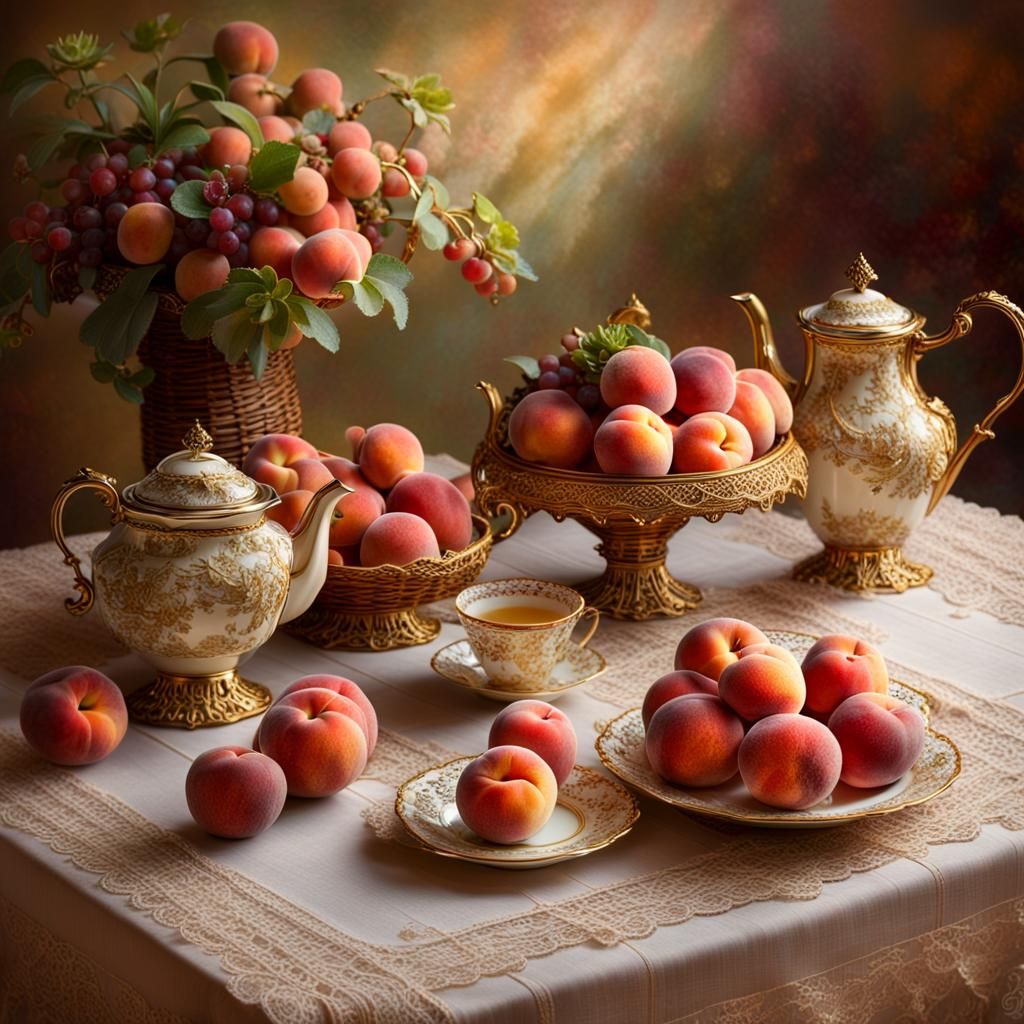 Ethereal Still Life with Fruit and Antique Tea Set