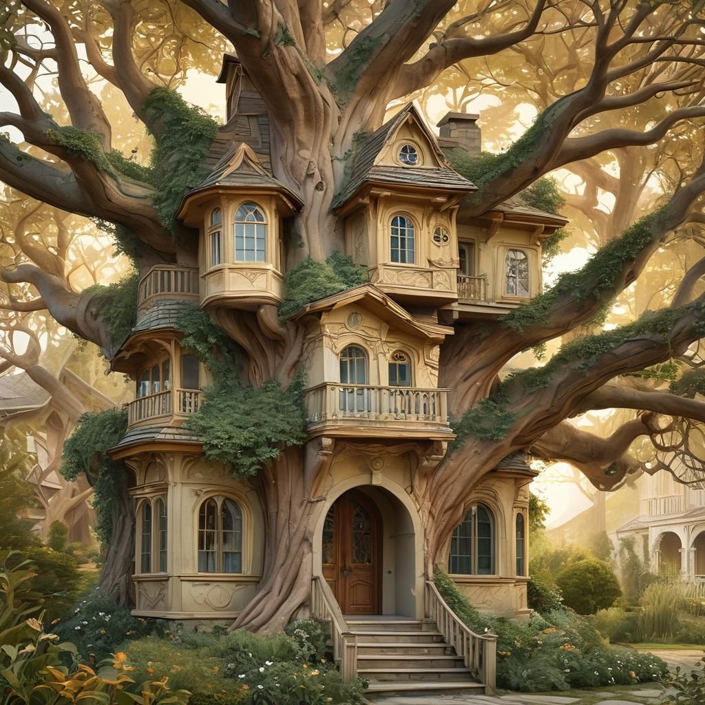 A house built around a tree in the style of Arthur Rackham and Anton Pieck