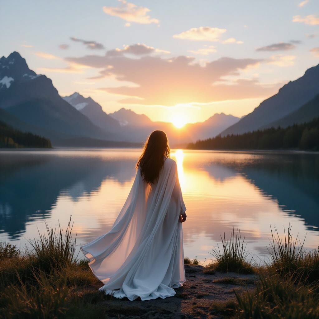 Woman Gazing at Mountain Sunrise Over Lake