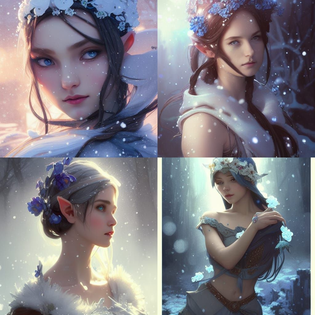 Icy Elf Girl Portrait in Art Nouveau Style