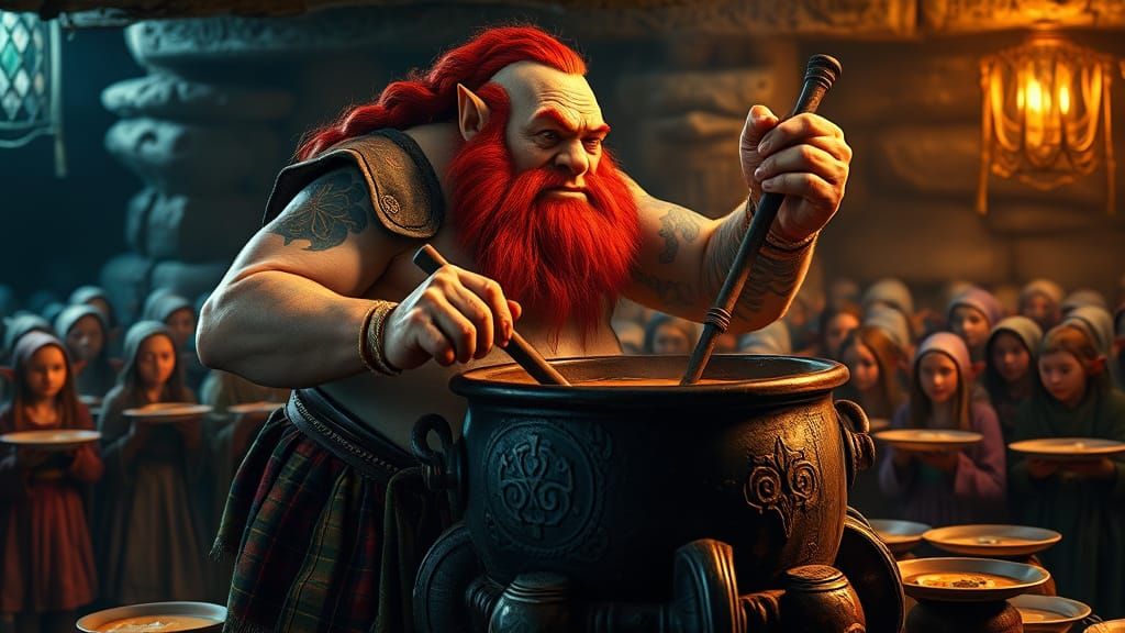 Celtic Ogre Serves Magical Stew to Elves in Hyperrealistic F...