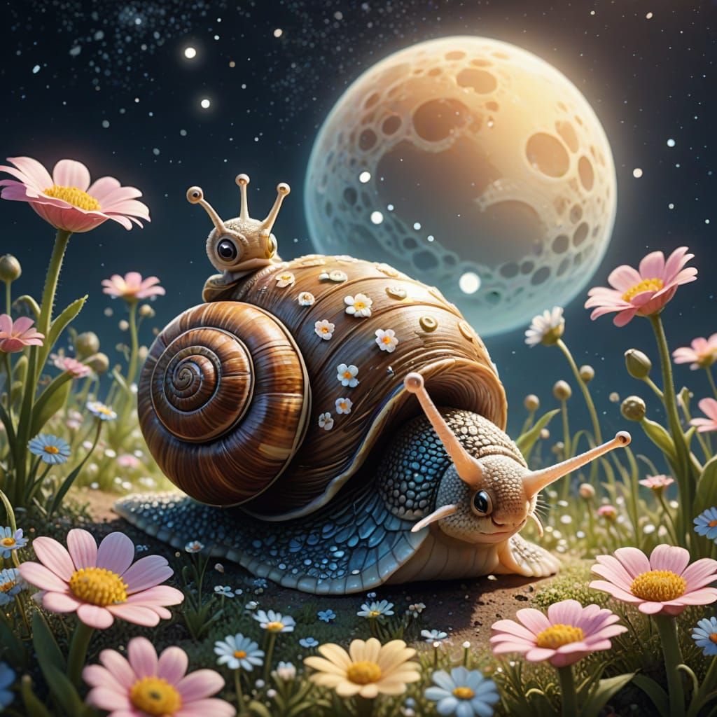 Cute Snail with Flowers on Moonscape in Whimsical Style