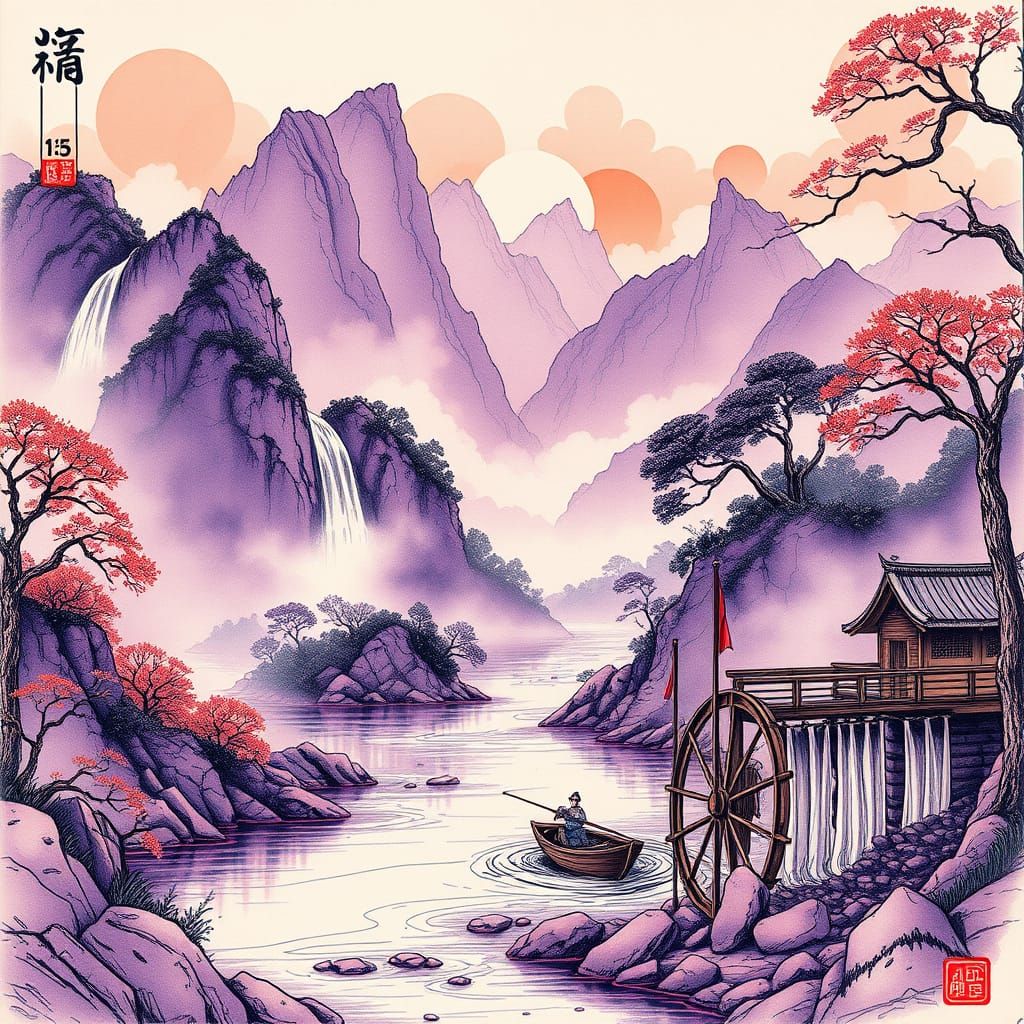 Vibrant Mountainside Scene in Intricate Chinese Ink Style