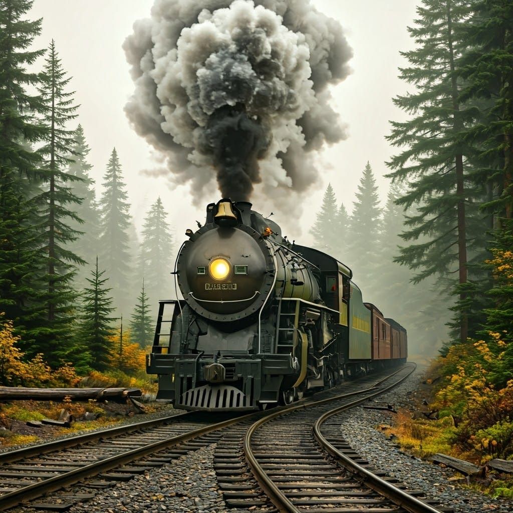 Vintage Steam Locomotive Chugs Through the Misty Forest