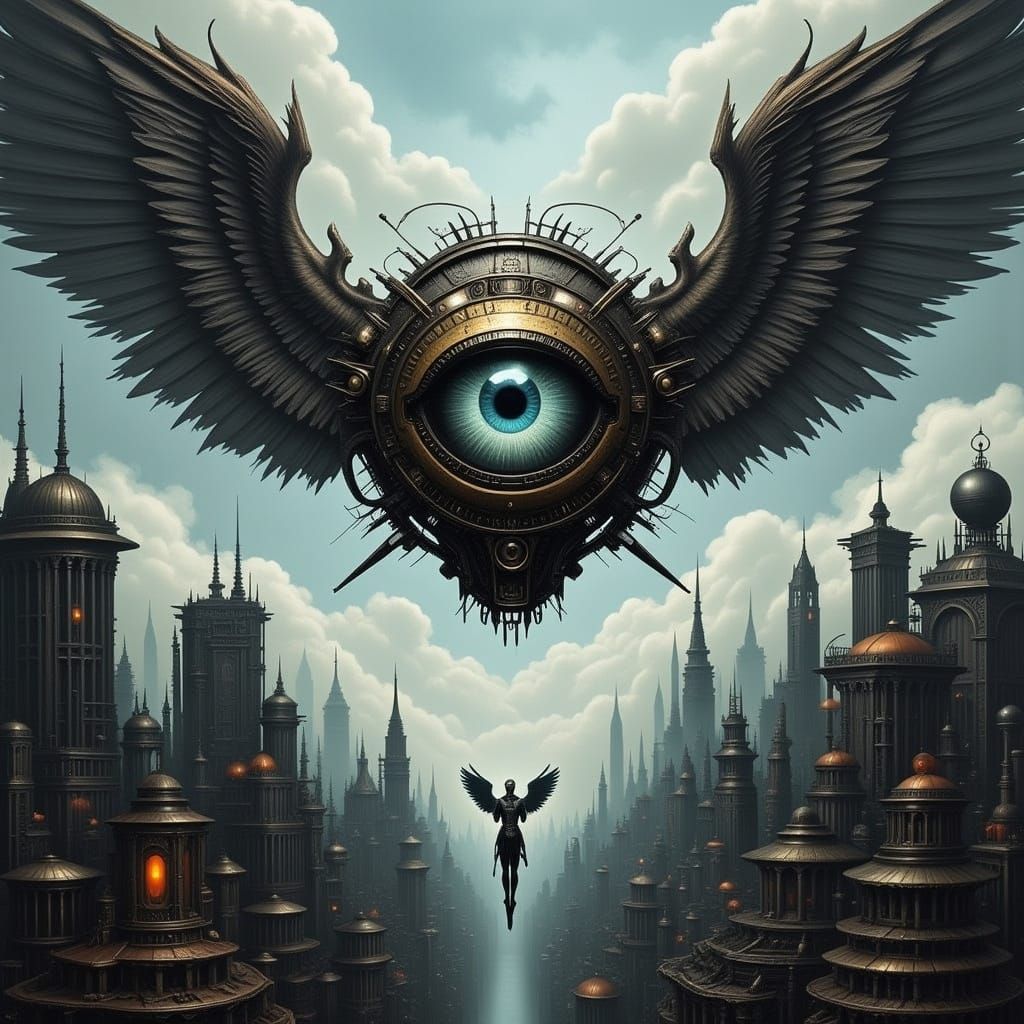 Flying Eye Over Dystopian City with Wings