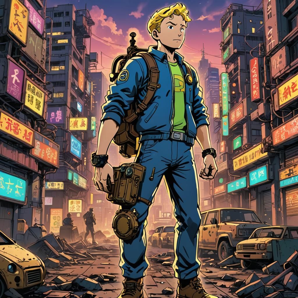 Vault Boy in Post-Apocalyptic Cityscape: Anime Key Visual