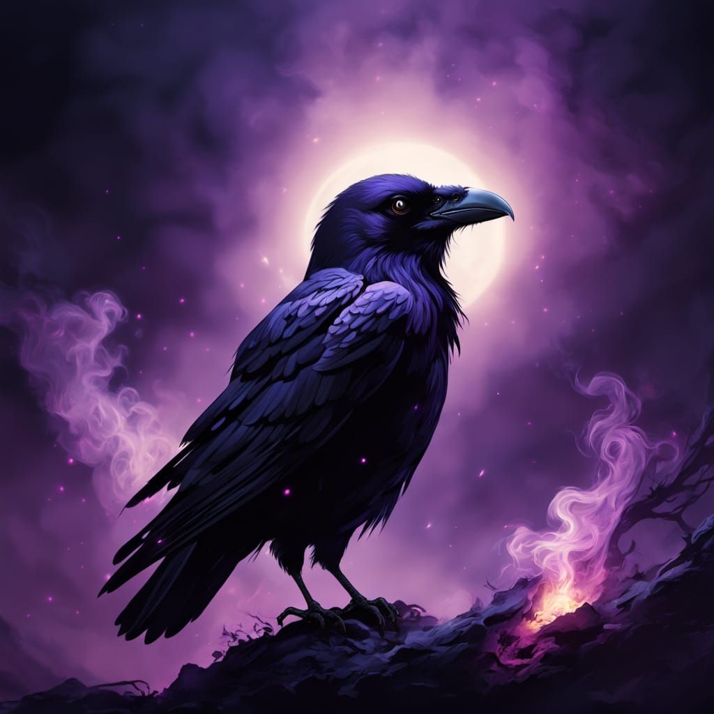 Shadow Raven Amidst Purple Fire in Surrealist Style