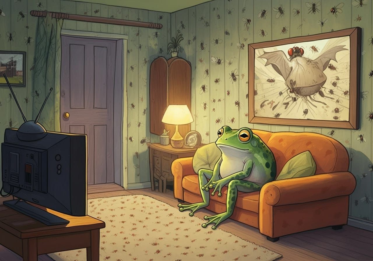 Surprised Frog Watches Fly News in Cozy Room