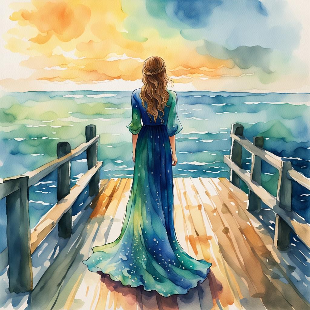 Woman on Pier in Wet-on-Wet Watercolor Style