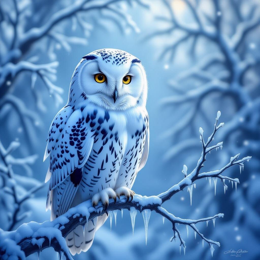 Snow Owl in Frozen Forest: Hyperrealistic Fantasy Art