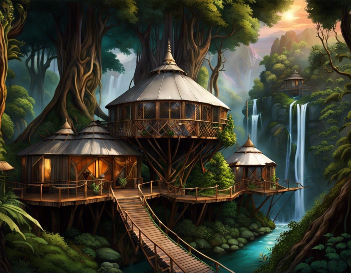 Futuristic Rainforest Eco-Village at Magic Hour Sunset