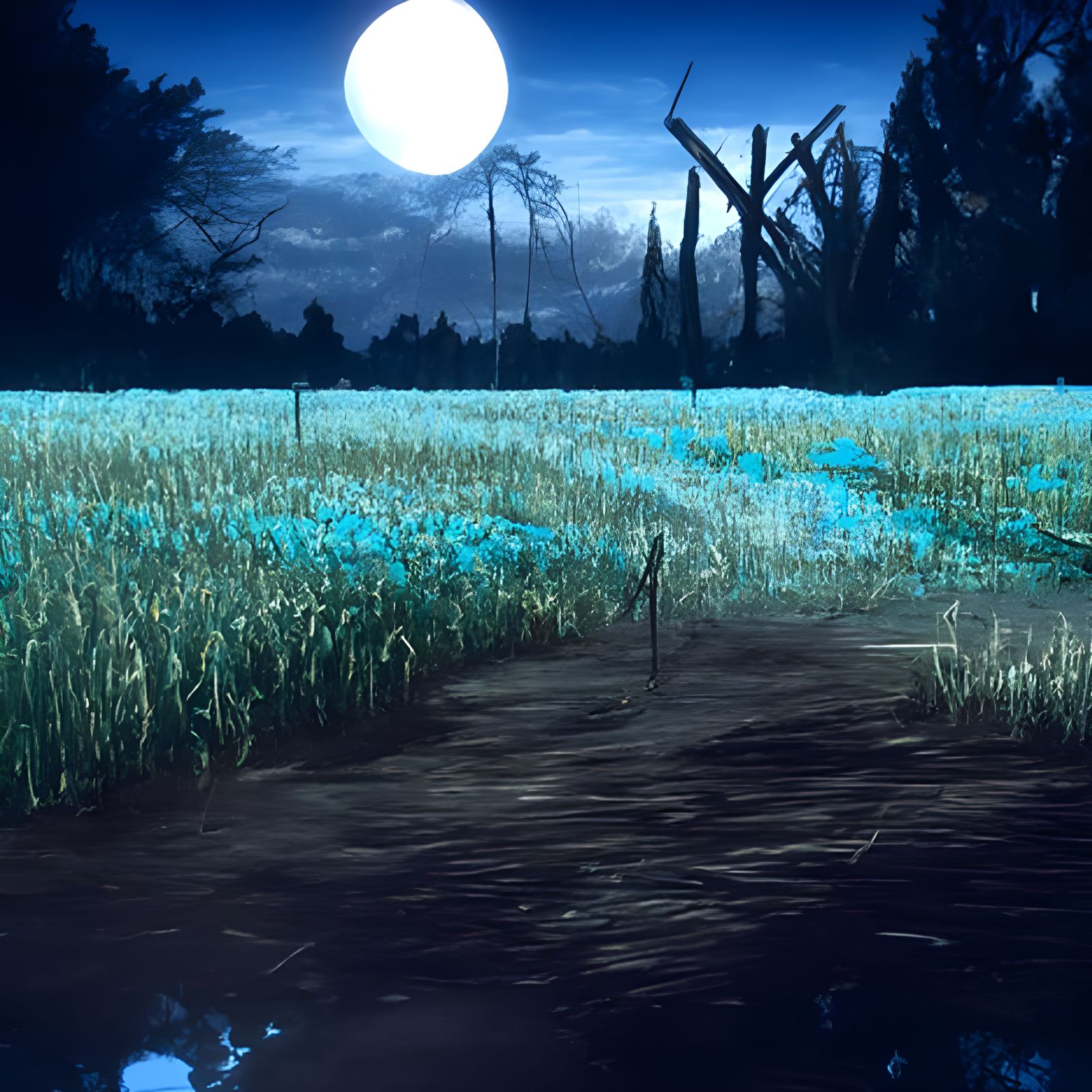Eerie Blue Moonlight Field in 8K Resolution
