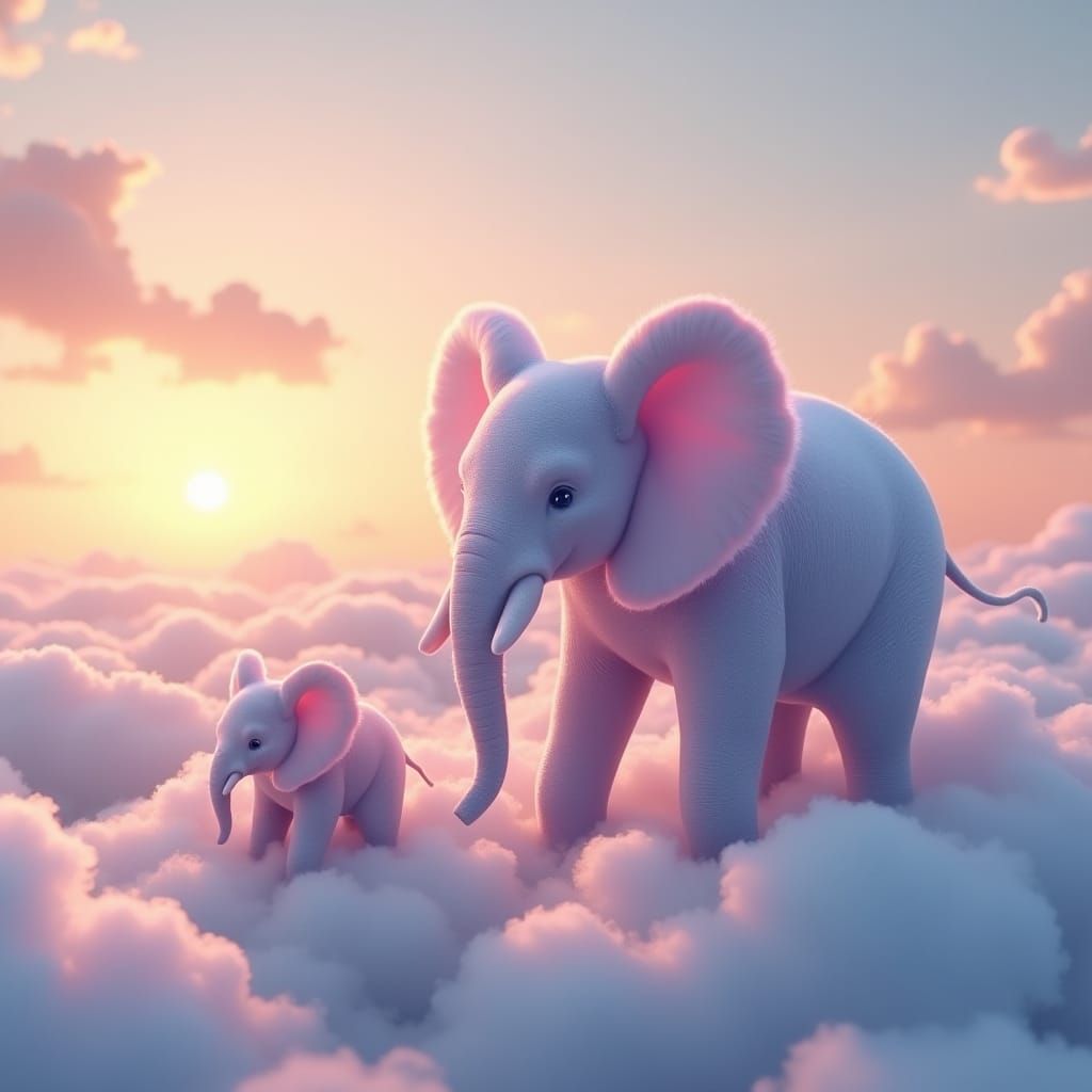 Dreamy Pastel Elephants in Cloudscape, Fantasy Art