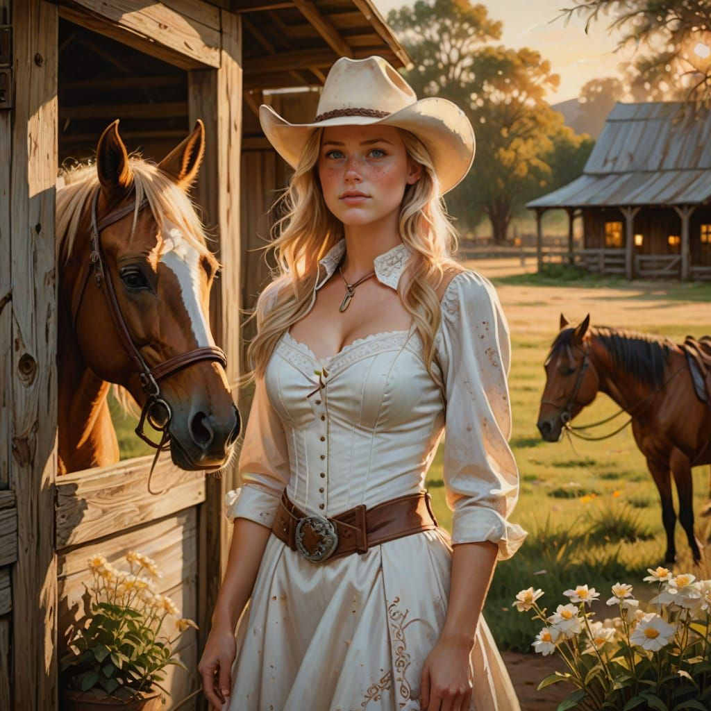 Cowgirl in Elegant White Corset Dress Standing in Front of a...
