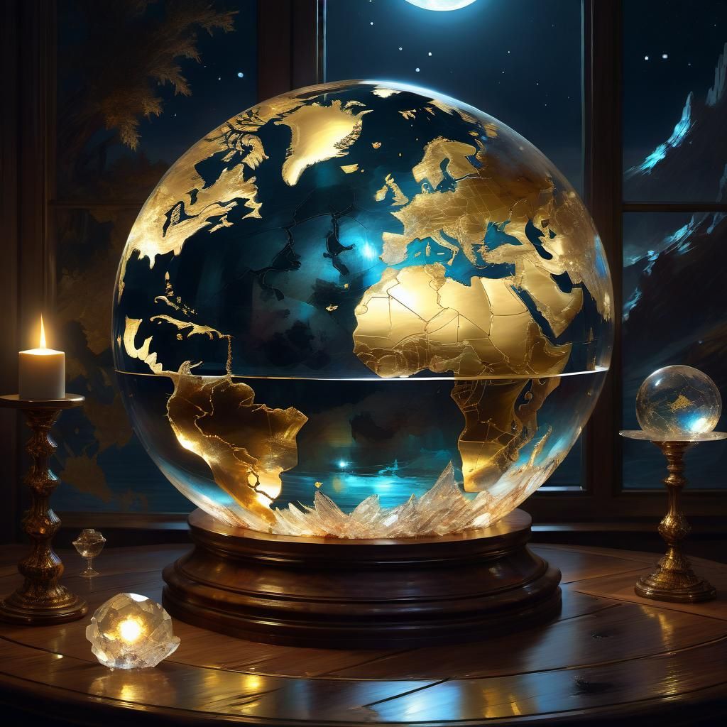 Illuminated Crystal World Map on Wooden Table