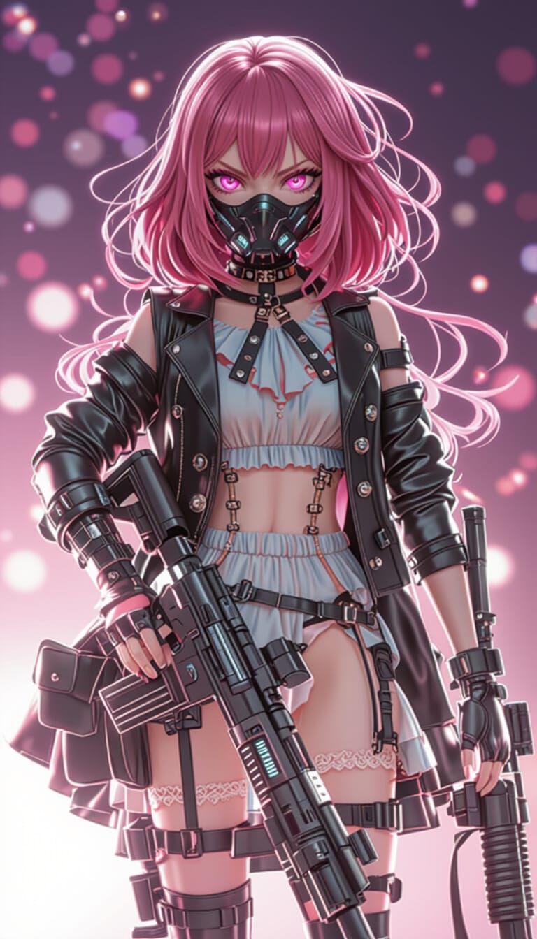 Pink Haired Girl in Futuristic Mask with Rifle