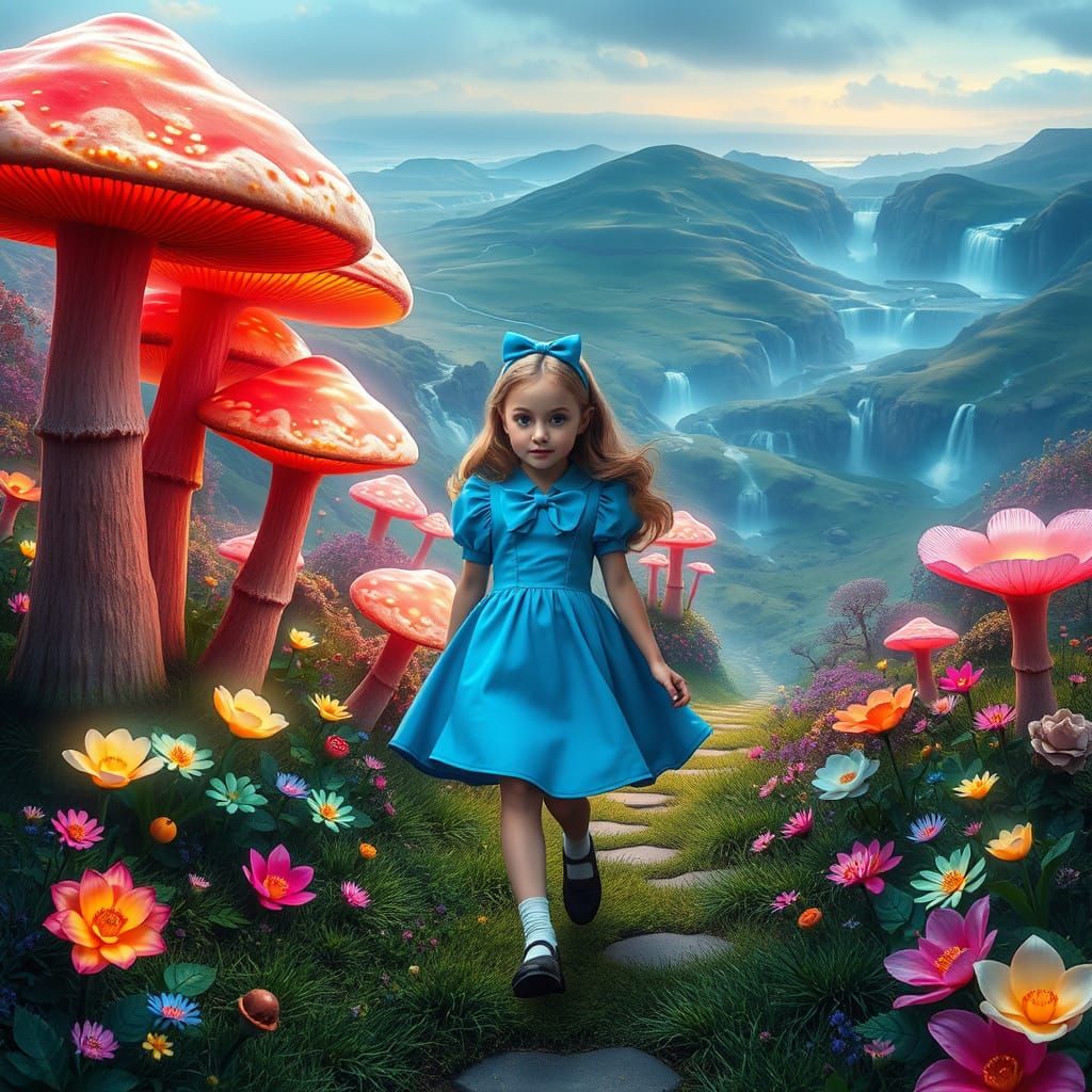 Whimsical Wonderland Girl Walks Among Iridescent Mushrooms a...
