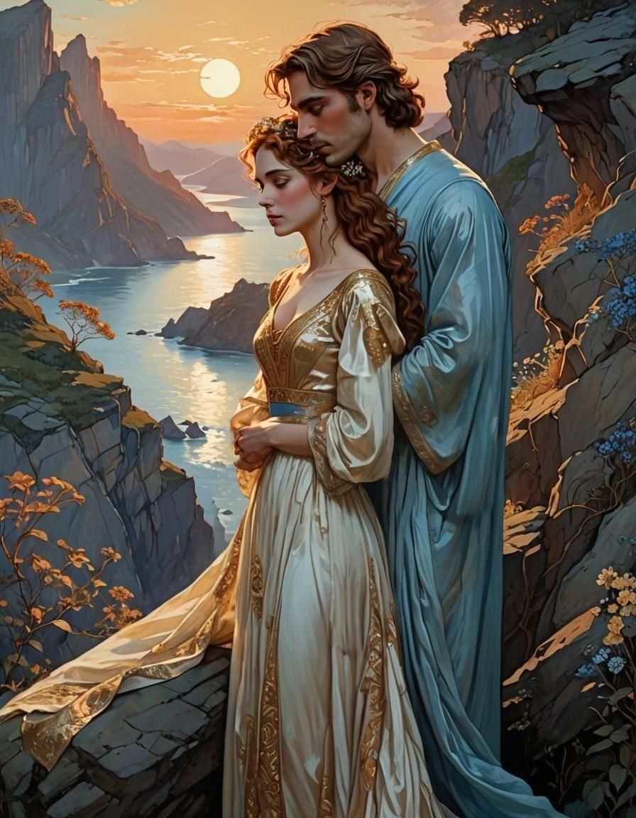 At the edge of a cliff, young princess in linen gown with co...