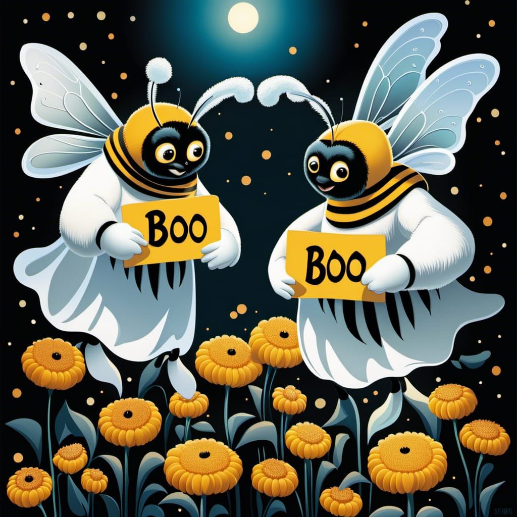 Bumblebees Dressed as Ghosts in Abstract Digital Art