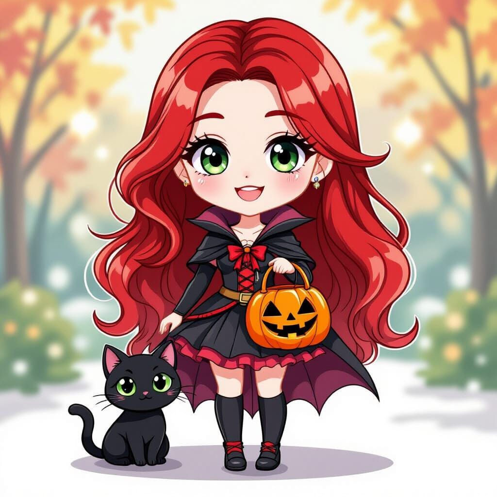 Cute Chibi Vampire with Red Hair and Cat