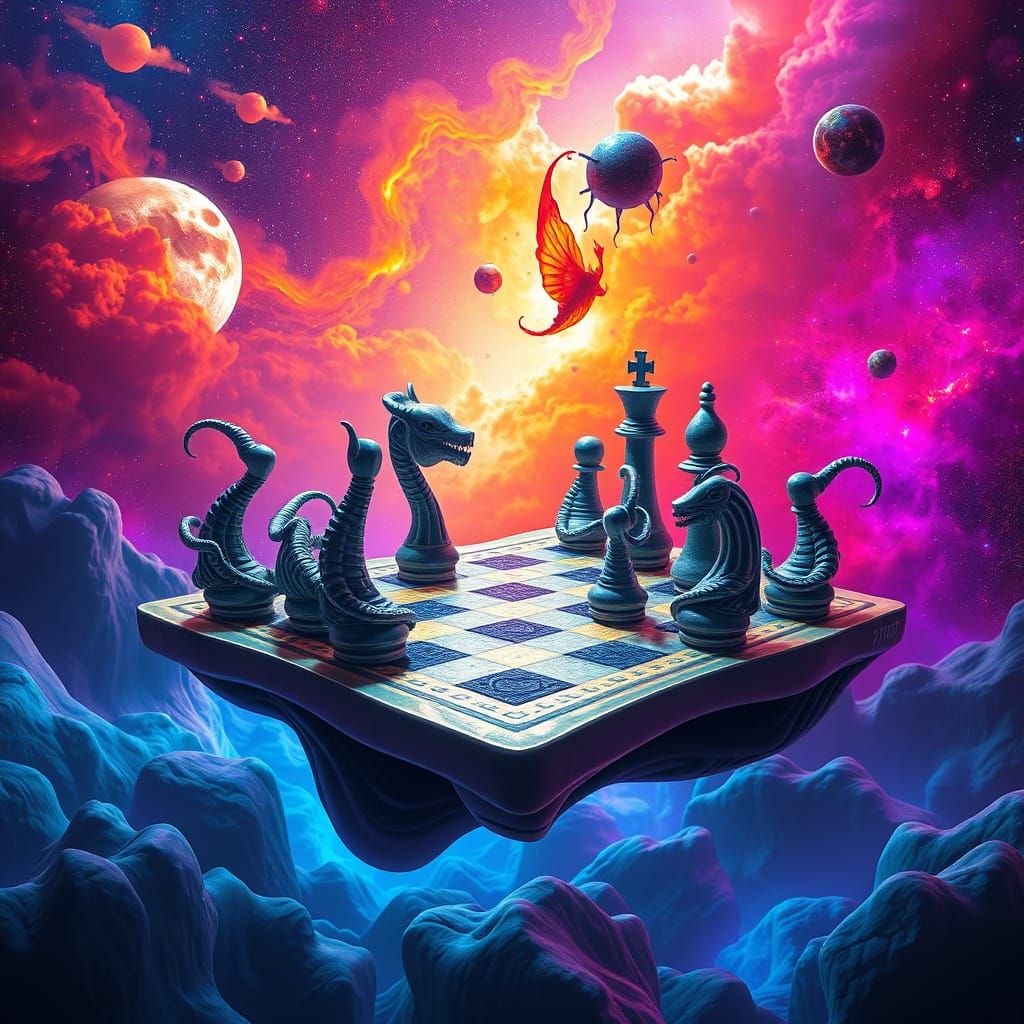 Surreal Cosmic Chessboard with Biomechanical Pieces