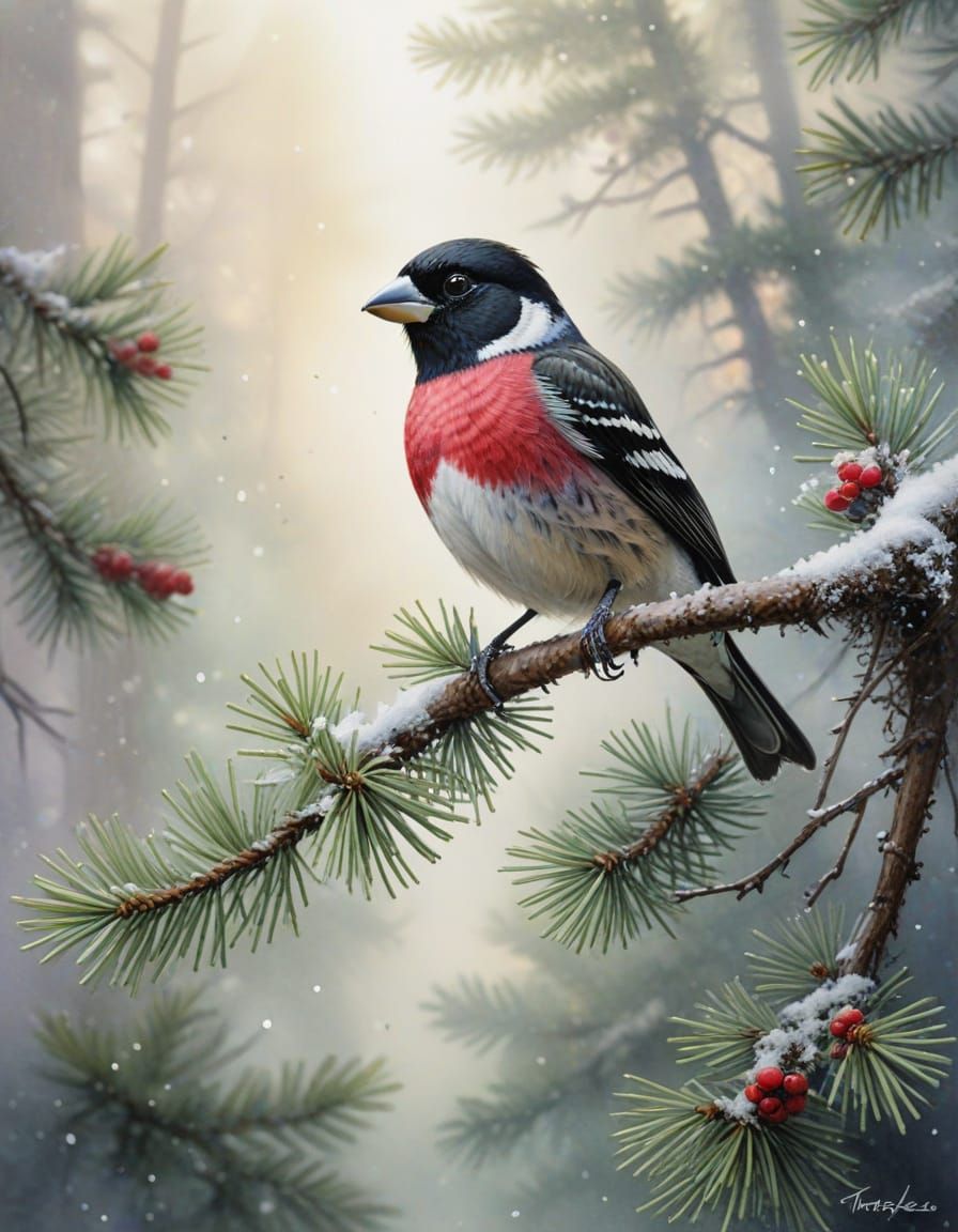 Rose-Breasted Grosbeak in Pine Tree, Watercolour and Ink