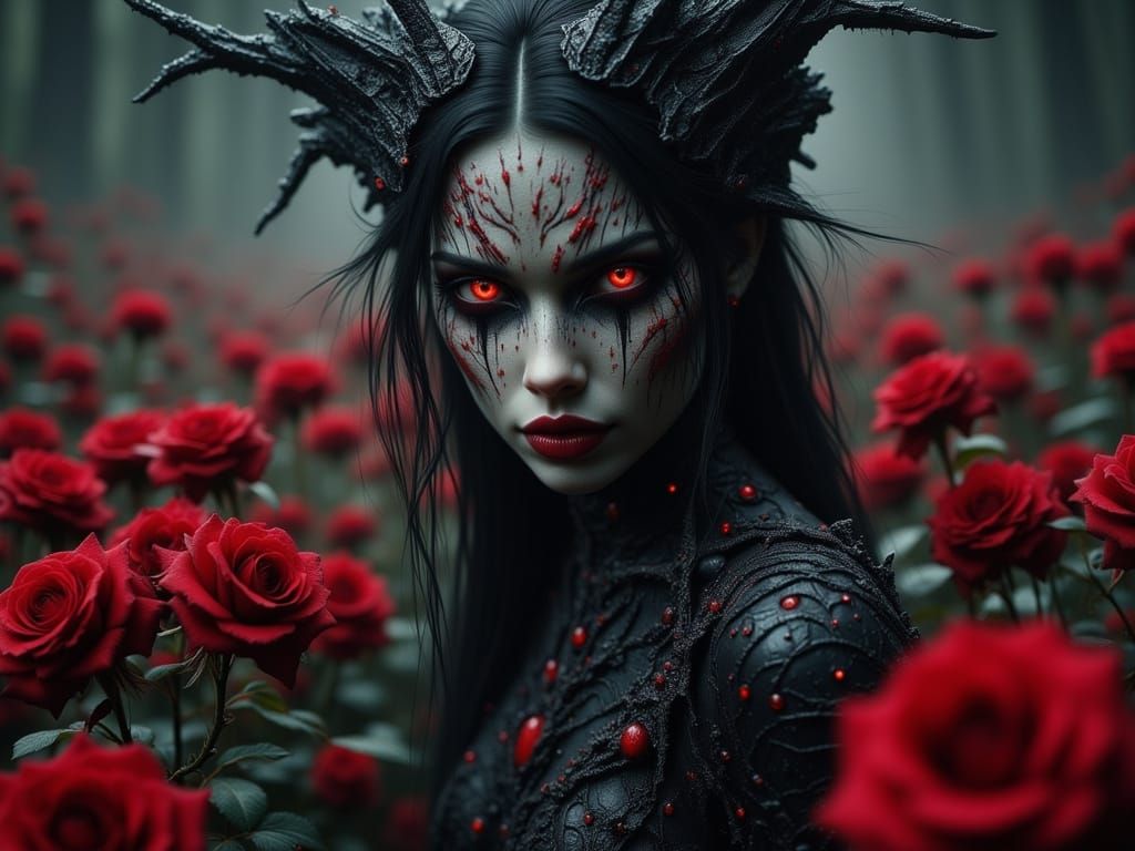 Gothic Demoness in a Rose Field