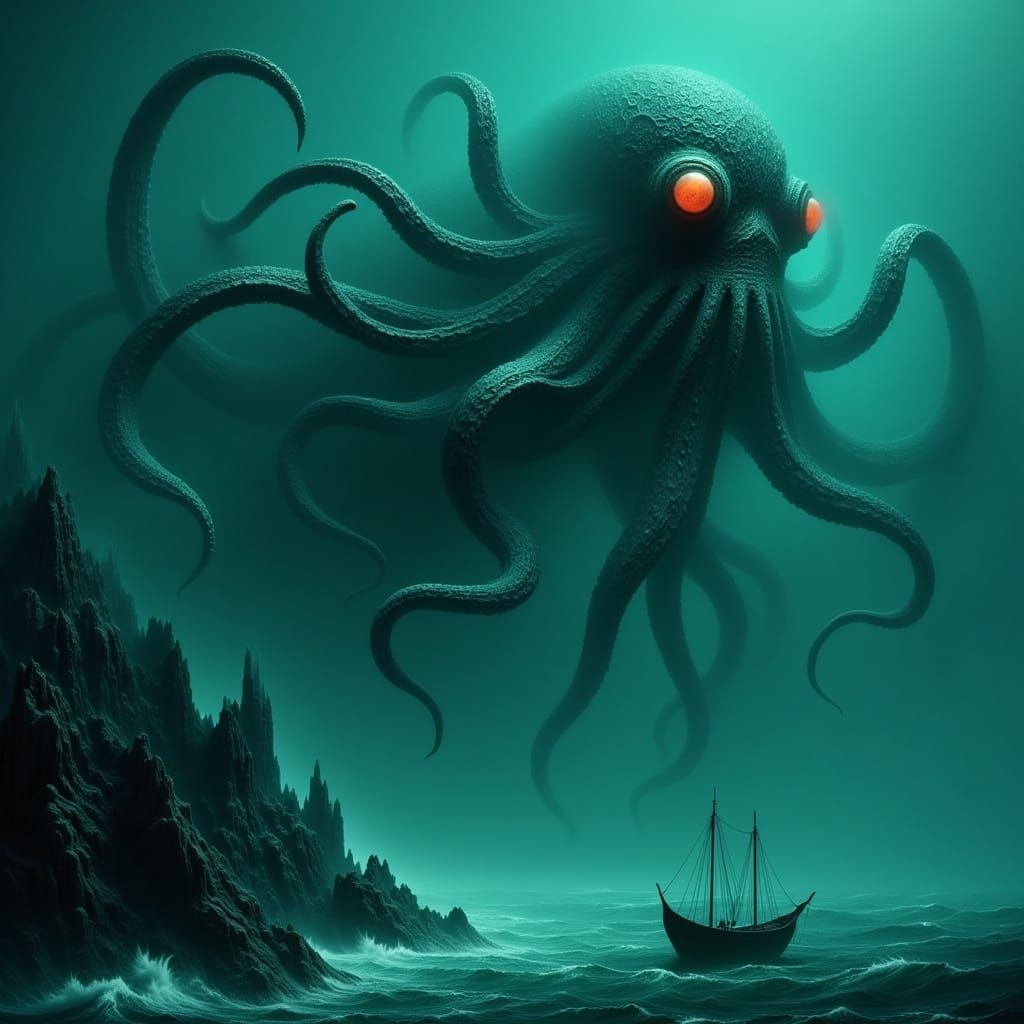 Emerald Octopus Rising from Dark Ocean Depths