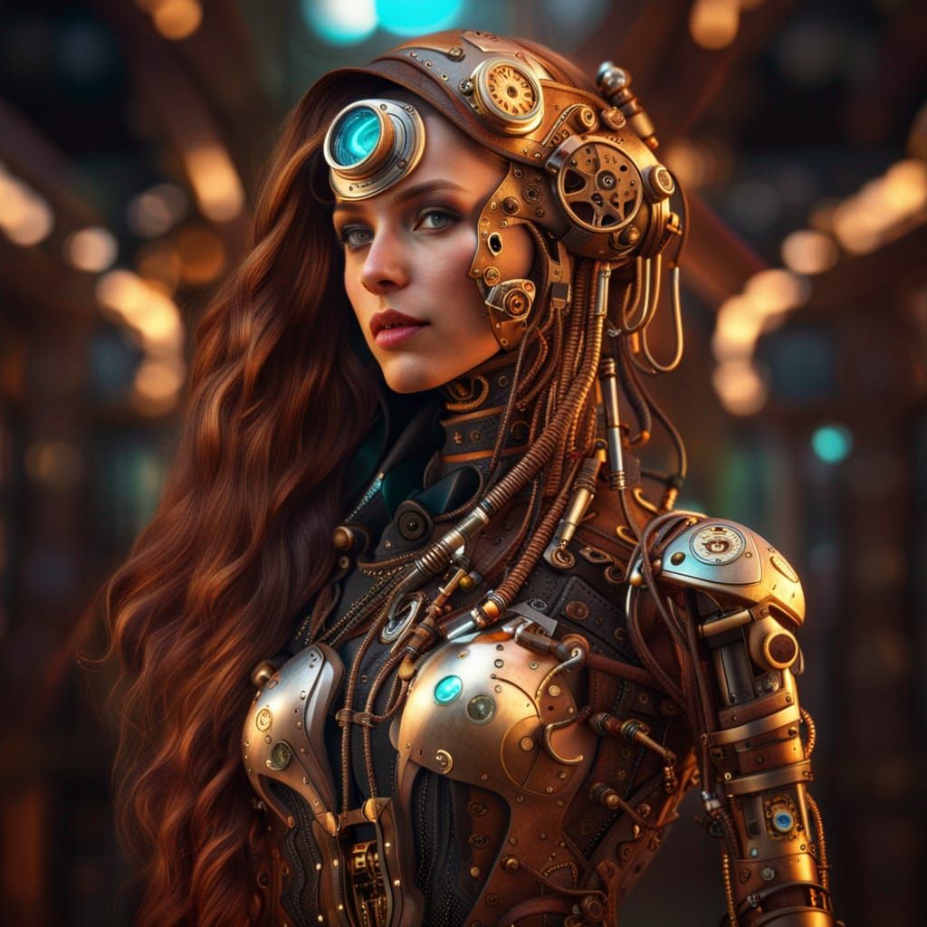 Steampunk Cyborg with Glowing Cybernetics in Hyperrealism