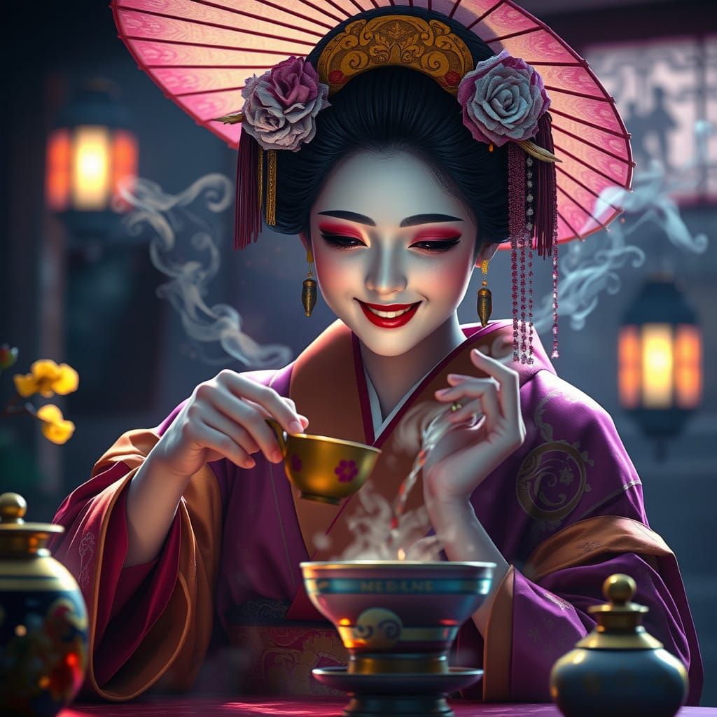 Geisha's Whimsical Tea Service in Dark Fantasy Style