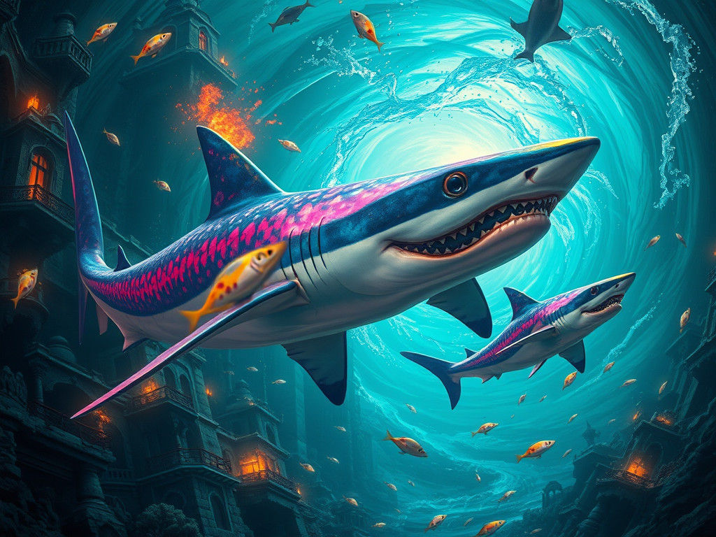 Iridescent Sharks in Submerged Cityscape