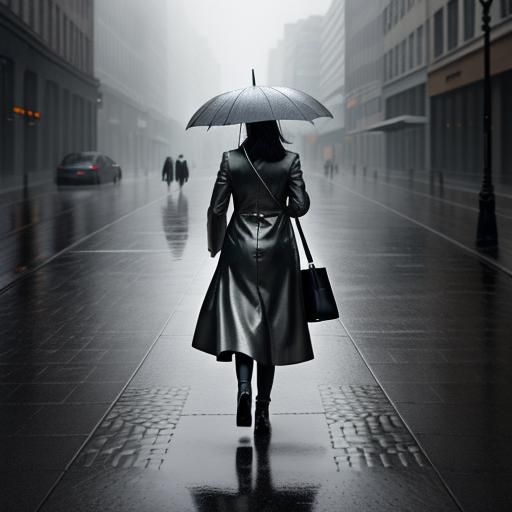 Monochromatic Rainy Day Stroll with Silver Umbrella